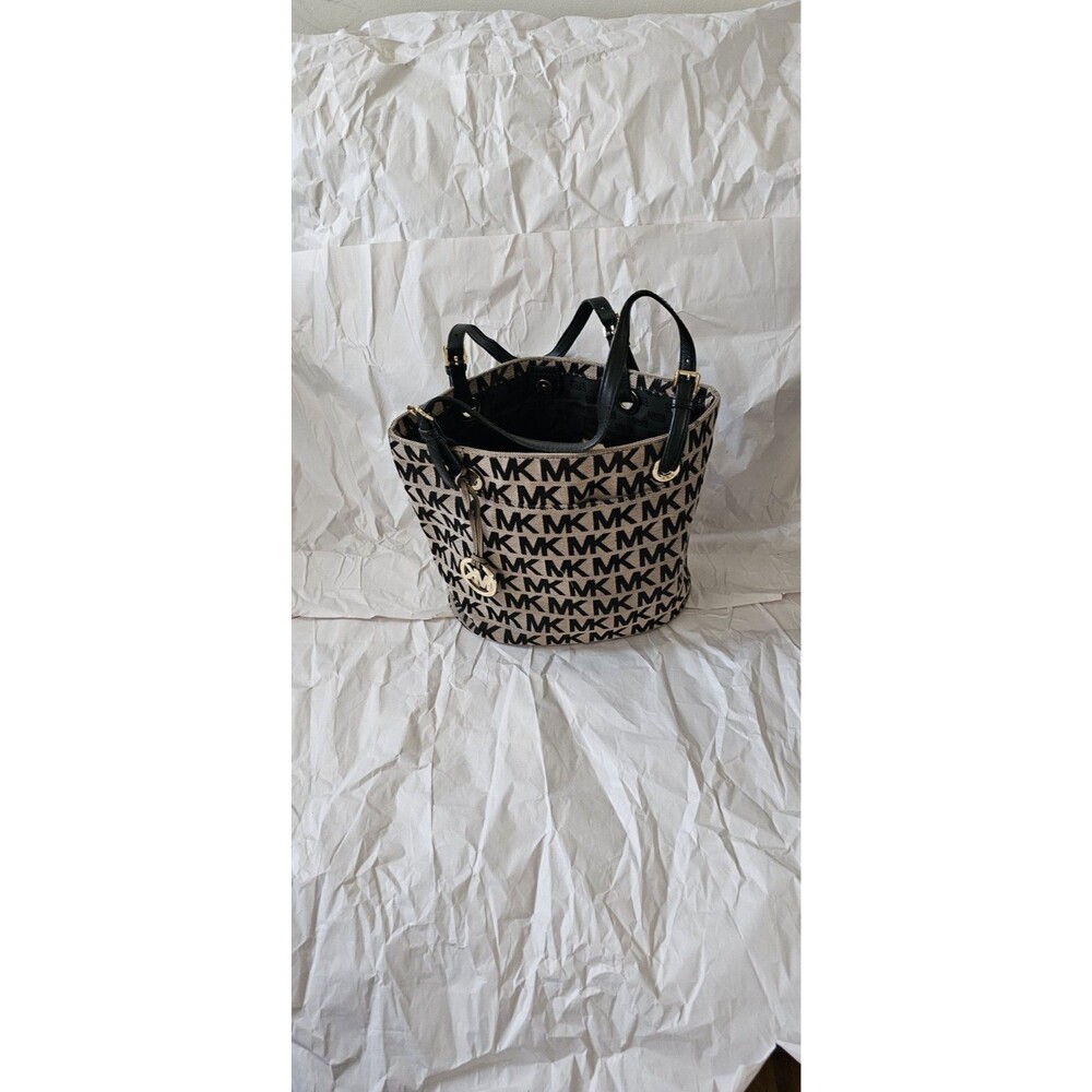 Michael Kors Large MK Signature Logo Jacquard Canvas Tote Bag Beige Black Gold